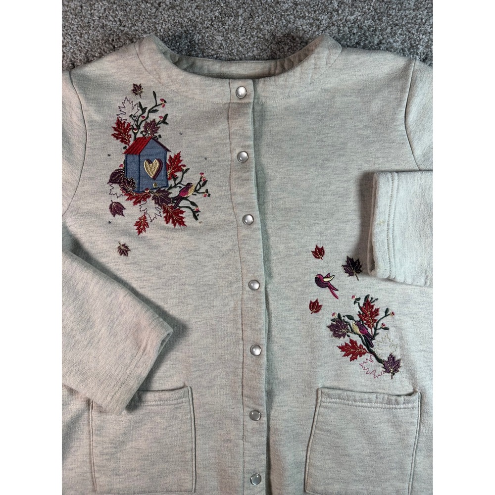 Breckenridge Petite Oatmeal Heather Embroidered Birdhouse Snap Front Cardigan PS